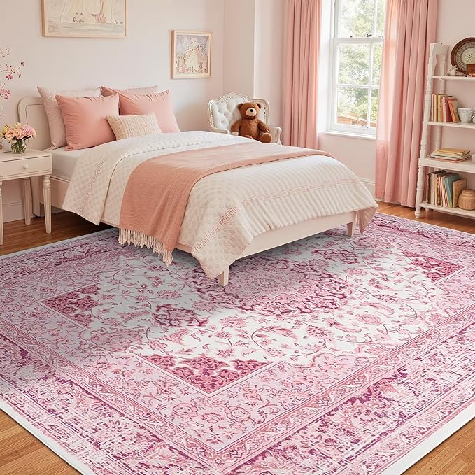 Bright Pink Area Rug for Living Room, 8x10 Machine Washable Rugs with Non-Slip Backing for Girls Bedroom, Large Vintage Carpet for Kitchen Laundry Kids Room