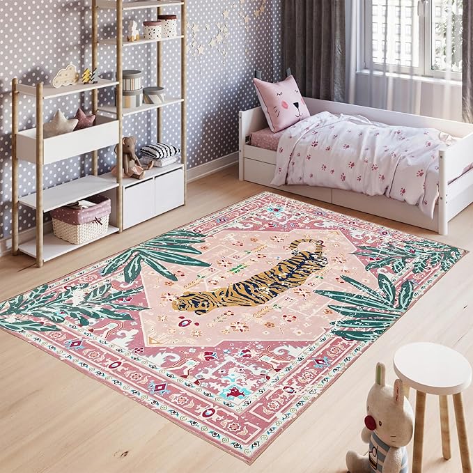 Pink Rug 4x6 Oriental Washable Non-Slip Tiger Rug Ultra Soft Vintage Print Tropical Carpet for Living Dining Playroom Nursery Camper