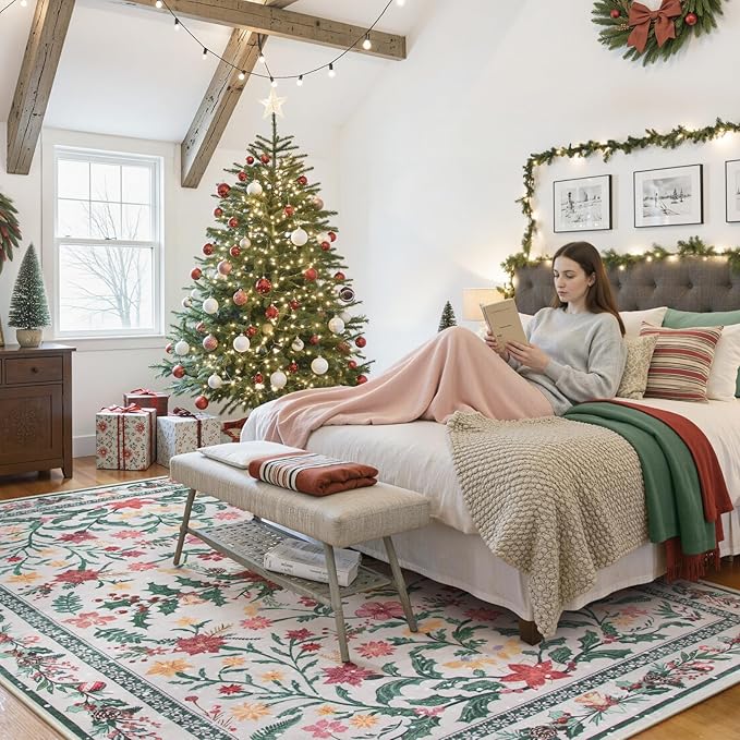 Lahome Christmas Rugs 8x10 Living Room Decor, Washable Area Rugs for Dining Room Stain Resistant, Large Thin Carpets Under Bed Couch Cottagecore Holiday Decor