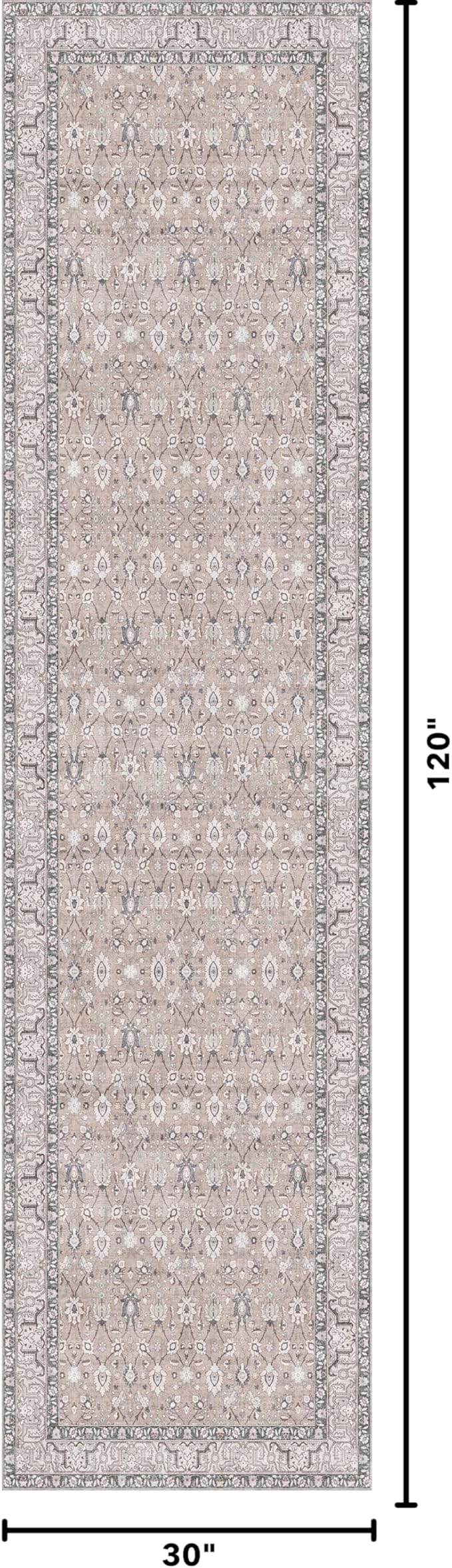 Kuden 2'6"x10 Runner Rug, Machine Washable Area Rug with Non-Slip Backing, Vintage Style, Soft, Easy Clean, Low Pile Rug for Hallway, Entryway, Kitchen, Bedroom