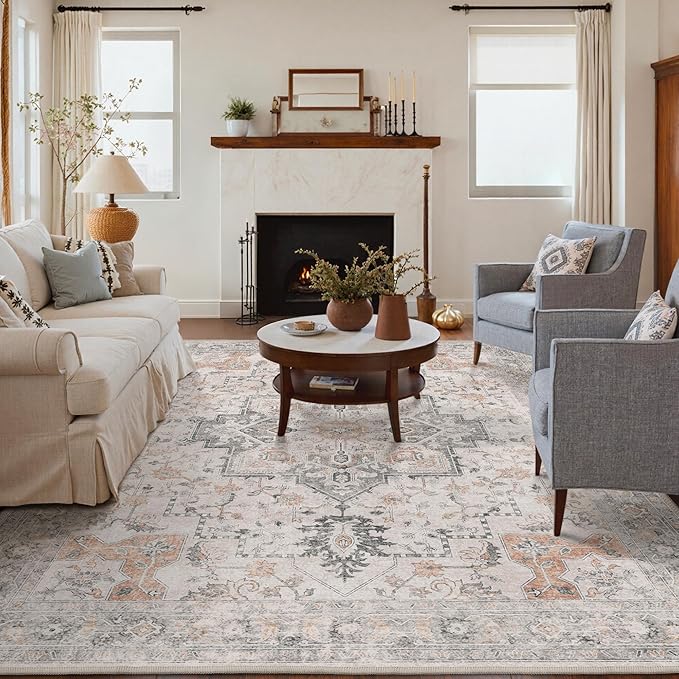 Bavni Washable Rug 6x9 Area Rug for Living Room Bedroom Dining, Washable Vintage Print Carpet, Ultra-Thin Low Pile Lightweight Rug with Non Slip Backing, Light Taupe Brown