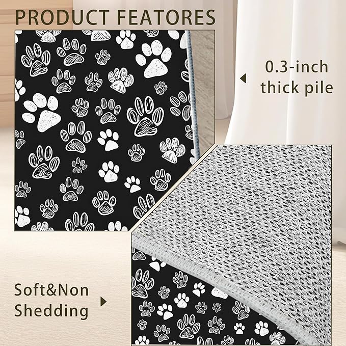 Cat Paws Black Area Rug for Living Room, Non-Slip Backing Low Pile Modern Abstract Rug for Indoor Use, 3x5 Washable Carpet