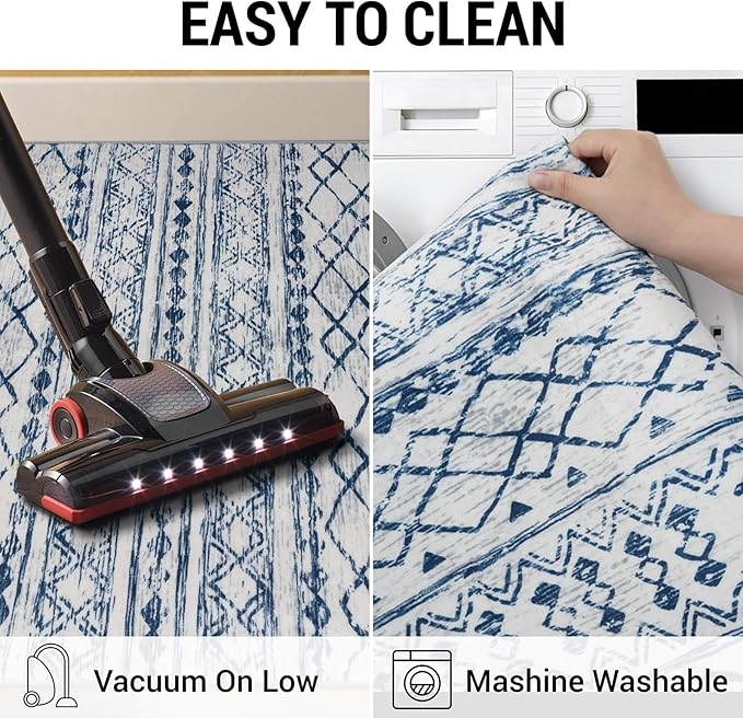 KUTA Moroccan Washable Runner Rug, 2x6 Non-Slip Vintage Blue White Boho Hallway Kitchen Rugs Ultra Soft Distressed Geometric Floor Carpet Runners for Bedroom Laundry Living Room