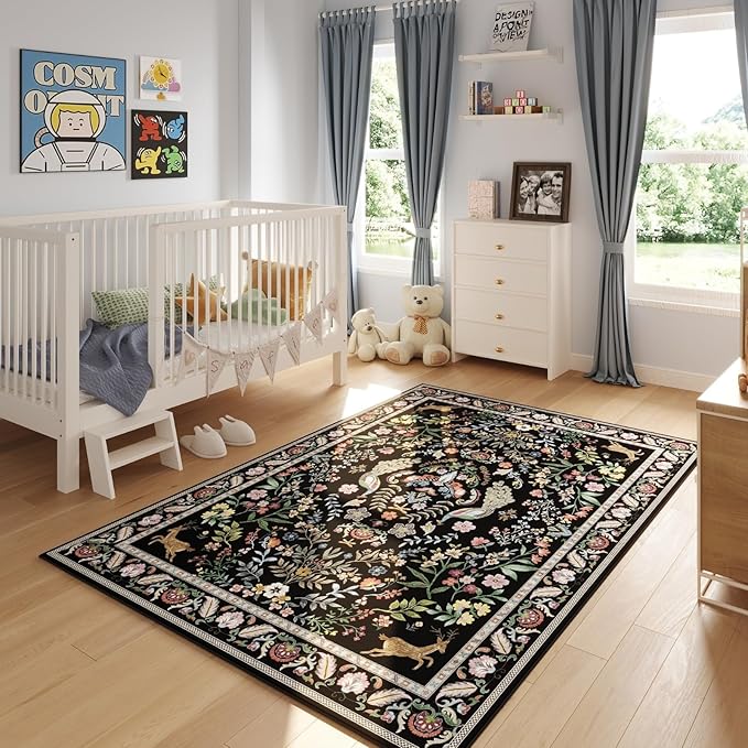 Living Room Rug 6x9 Rug Machine Washable Area Rug Floral Non-Slip Low Pile Large Rug for Living Room, Bedroom, Farmhouse, Dining Room, Kids Playroom (Vibrant Black)