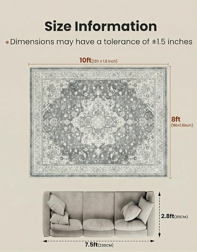 Marsail 8x10 Machine Washable Area Rug,Soft & Slip-Resistant, Vintage Floral Short-Pile with Reinforced Bound Edges, Large Rug for Living Room, Dining Room, Bedroom,Light Grey