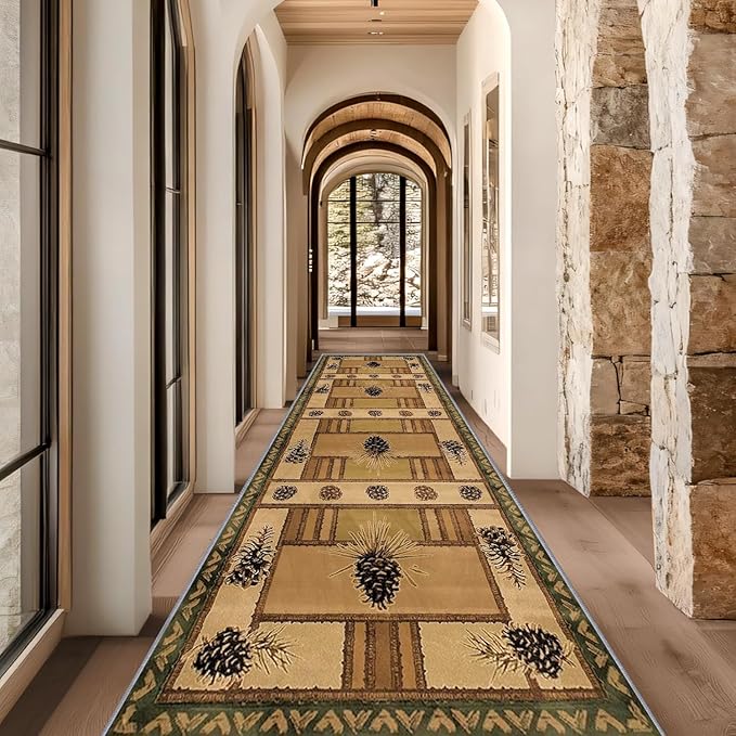 Pinecone Runner Rug, 2.6x7ft Rustic Country Style Hallway Runner Rug - Corridor & Foyer Area Rugs, Washable Non-Slip Mat, Country Home Decor Carpet for Indoor Living Room Hallway Spaces