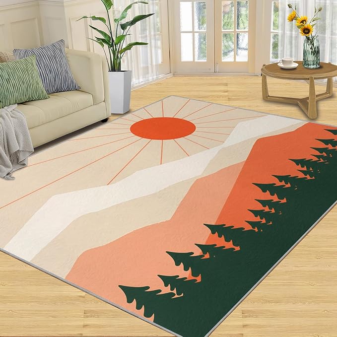 Boho Sun Runner Rugs 2x4ft, Minimalist Mountain Small Entryway Mats, Abstraction Deco Laundry Room Rug Non Slip Durable Throw Rugs for Front Door Bedroom Bedside