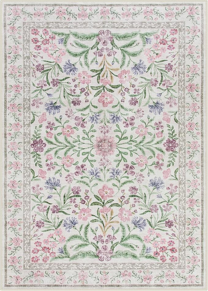 Wonnitar Floral Purple Rug for Bedroom, Washable 5x7 Area Rugs for Dorm, Boho Soft Non Slip Ultra-Thin Indoor Floor Carpet for Kids Room Nursery Living Room Classroom, Light Purple/Pink