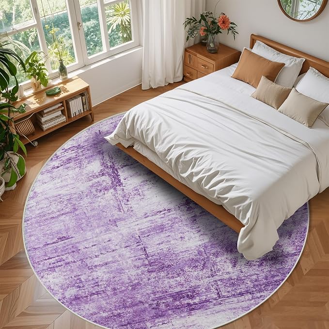 Round 4ft Abstract Rug, Modern Washable Indoor Circle Area Rugs for Living Room, Soft Circular Non-Slip Carpet Floor Mat for Entryway Bathroom Dining Room Home Office - Abstract Purple