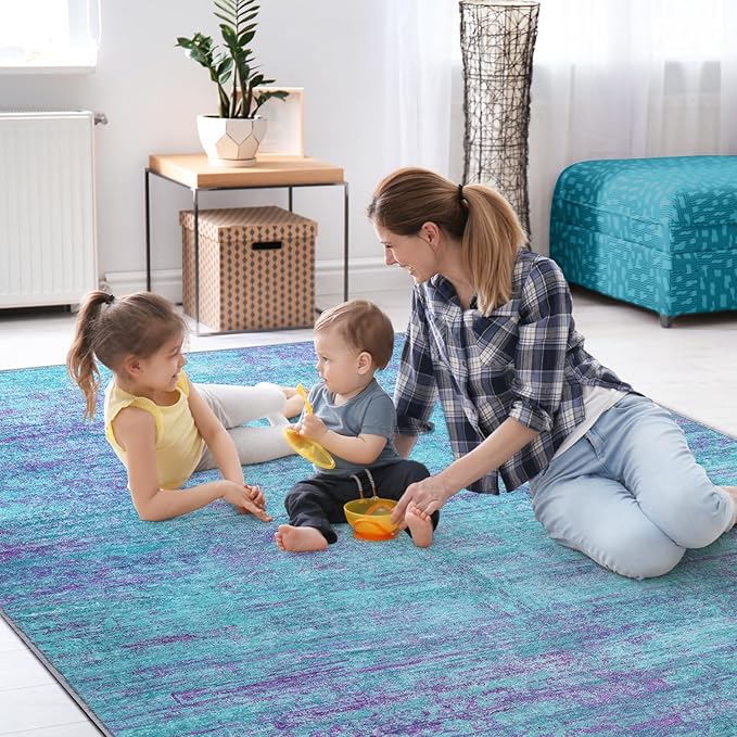 Abstract 8x10 Area Rug, Modern Teal Purple Throw Rugs for Living Room, Washable Soft Large Non-Slip Accent Carpet Floor Mat for Dining Room Office Bedroom - Teal+Purple