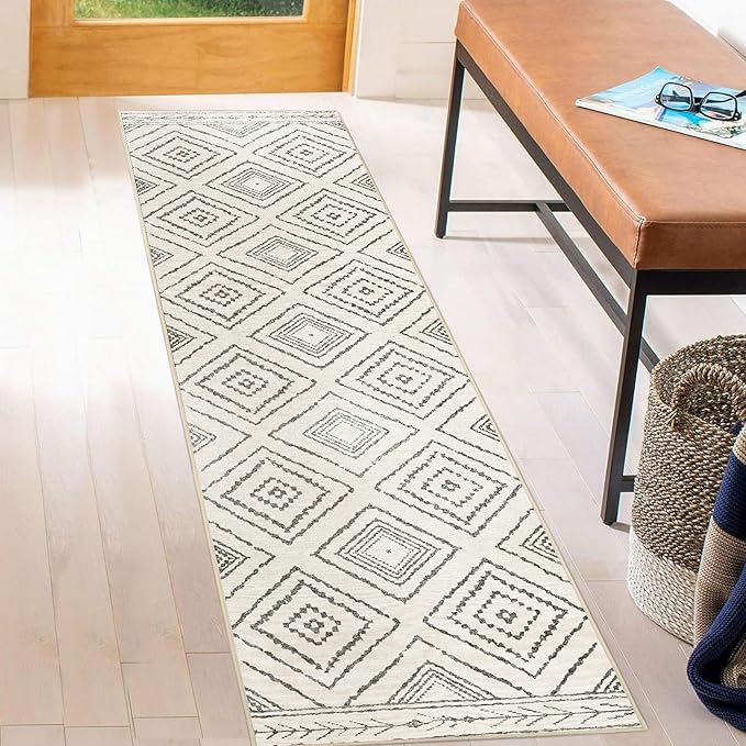 Area Rug 2x8 Rug Machine Washable Non-Slip Low Pile Print Pattern Western Rug for Living Room Bedroom Entryway Tribal Series -Navywhite/Black