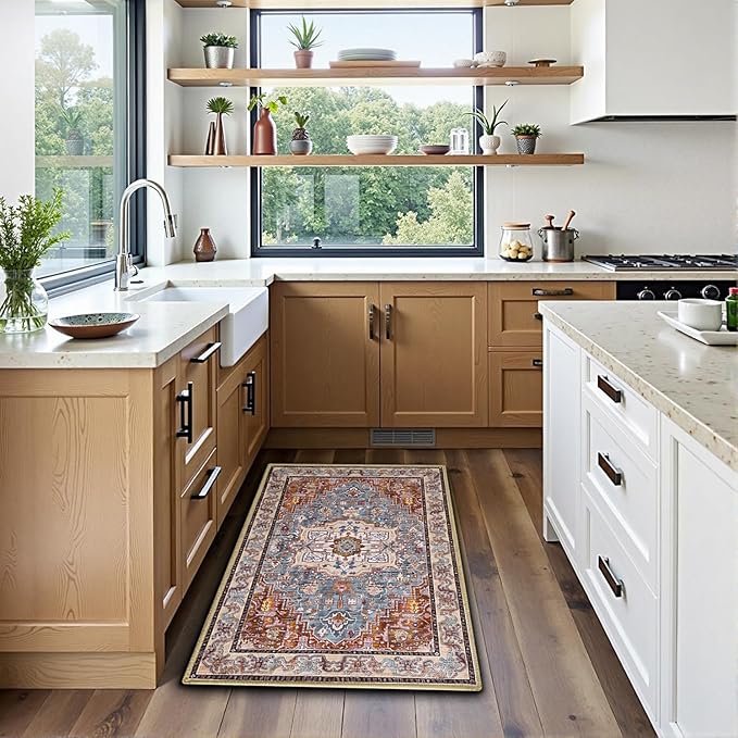 Entryway Washable Rugs 2x3, Low Pile Non-Slip Small Rug, Door Mat, Distressed Printed Patterns Rug for Entrance, Bedroom, Bathroom, Kitchen, Rust Brown