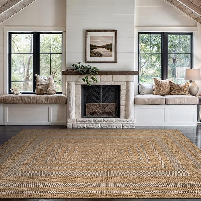 Beverly Rug Easy Jute Framed Border Rug 10x14 Washable Large Indoor Outdoor Area Rugs for Living Dining Room Patio Office Stain Resistant Non Shedding Casual Indoor Outside Carpet 10 x 14 Natural