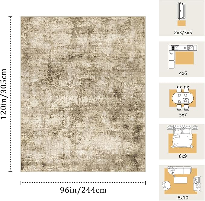 8x10 Machine Washable Area Rug for Living Room, Brown Modern Vintage Abstract Rug Large Non-Slip Low Pile Soft Faux Wool Carpet, Kids and Pets Friendly for Bedroom Dining Room Farmhouse Home Decor Rug