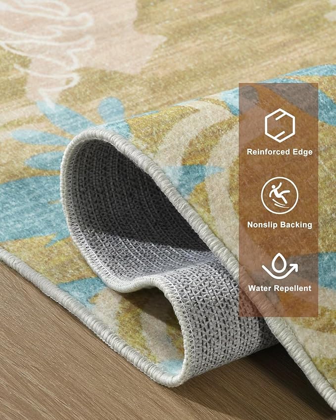 Washable Abstract Rug, 5x7 Willow Green and Blue Floral Area Rugs with Non-Slip Rubber Backed for Bedroom, Low Pile Modern Throw Carpet Kitchen Living Room Decor