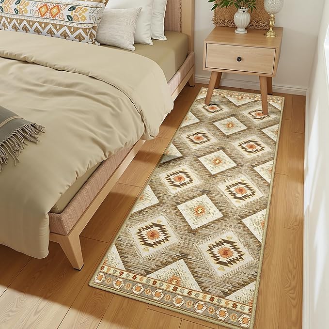 Area Rug 2x5 Rug Machine Washable Non-Slip Low Pile Print Pattern Western Rug for Living Room Bedroom Entryway Tribal Series-Cream/Camel