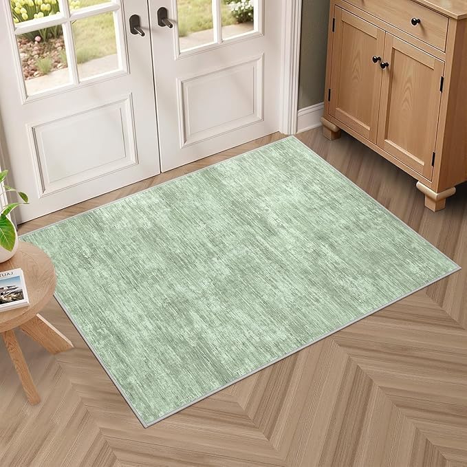 RUGSREAL Small Area Rug 2x3 Entryway Mat with Rubber Backing Stain Resistant Throw Carpet Modern Solid Color Bath Mat Contempowary Washable Rug for Living Room Bedroom Dining Room Kitchen, Green 2x3