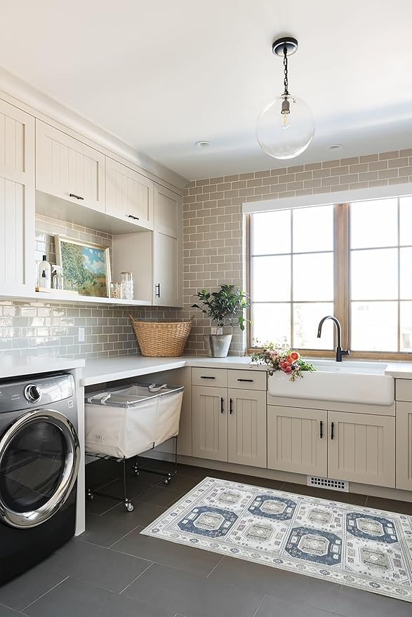 Fame Living Faded Oushak Rug, Turkish Vintage Floral Pastel Large Oversized Area Rugs for Living Room Dining Bedroom Kitchen Bathroom Nursery (848CrNv, 5' x 6'9")