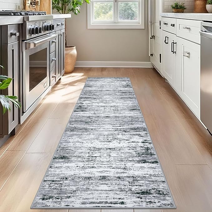 Modern Abstract Bedroom Runner Rug 2x7, Black Grey White Washable Kitchen Runner, Non-Slip Soft Thin Faux Wool Mat for Entryway, Hallway, Laundry Room, Indoor Home Decor