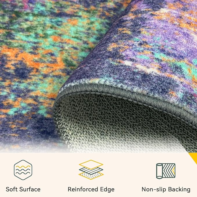 Washable Area Rugs 3'x5' Non-Slip Modern Abstract Soft for Living Room Entryway Bedroom Nursery, Print Pattern, Purple Orange Blue Green Rust Red Colorful