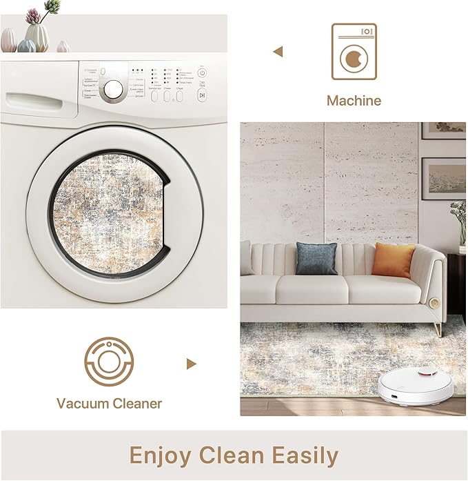 Bavni 8x10 Area Rugs Machine Washable Rug for Living Room, Modern Printed Rug Indoor Soft Area Rug for Bedroom Dining Room, Ultra-Thin Low Pile Carpet with Non Slip Rubber Backing, Beige Gray