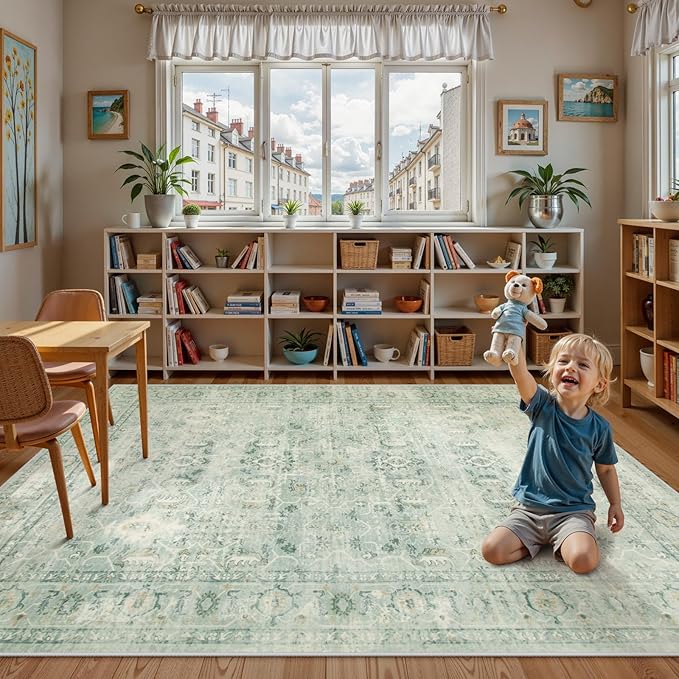 Lahome Vintage 8x10 Washable Green Rugs for Living Room Bedroom, Boho Dining Room Rugs for Under Table, Soft Non Slip Indoor Throw Carpet for Home Office Playroom (8x10ft,Light Green)