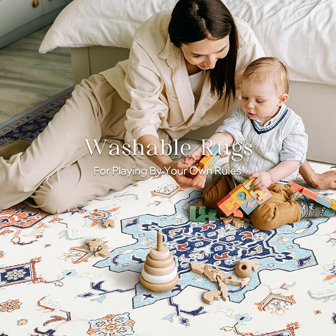 Phantoscope Washable Area Rug 4'x6' Non-Slip, Vintage Boho Rugs for Living Room, Bedroom, Dining Room, Medallion Persian Symmetrical Pattern, Low-Pile Foldable Floor Carpet, vory Blue/Orange