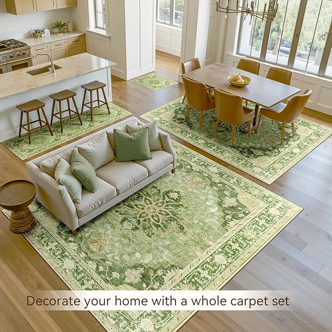 Area Rugs 6'x8' Washable Non-Slip, Floral Vintage Distress Print Pattern Medallion Carpet for Living Room Bedroom Dining Room, Sage Green Yellow