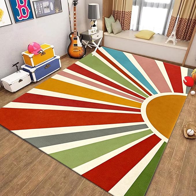 Rainbow Sun Area Rug,5x6ft,Medieval Vintage Geometric Rugs,Boho Style Bedroom Decor Rug Soft Machine Washable Carpet for Indoor Bedroom Living Room Office Decor
