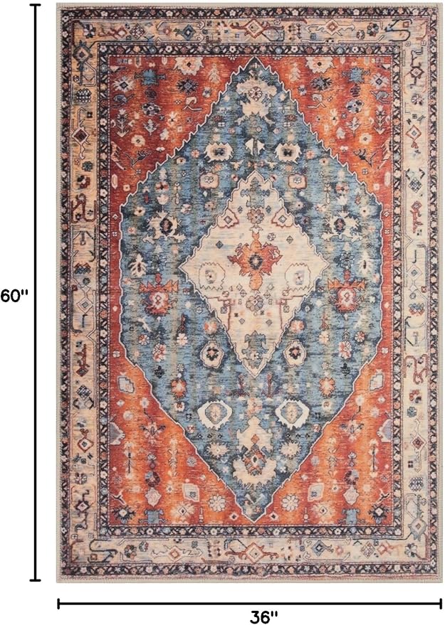 SERISSA Area Rug 3x5 Boho Tribal Rugs for Bedroom, Washable Kitchen Rugs Non-Slip, Ultra Soft Print Distressed Vintage Entry Rug Low-Pile Throw Rug Carpet for Nursery Living Room Dorm Decor