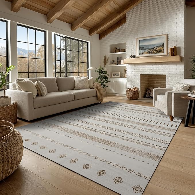 Washable Area Rugs 8x10, Large Rugs for Living Room, Carpet for Bedroom, Boho Soft Faux Wool Retro Dining Room Rug, Non-Slip Backing Resistant Low Pile Vintage Print Rug for Home Office(Beige)