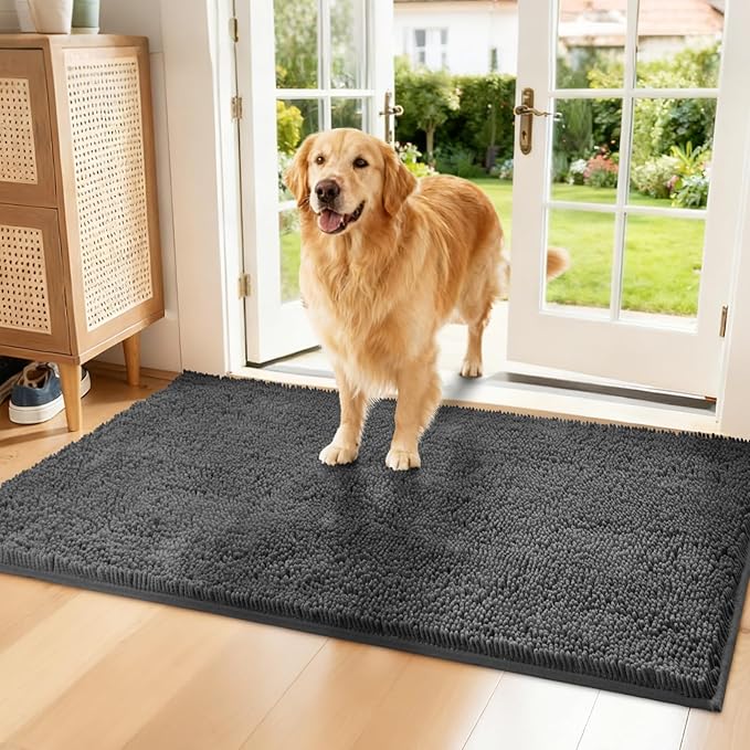 Chenille Absorbent Front Door Mat 60" x 24", Dog Door Mat for Muddy Paws, Dirt Trapper Doormat, Mud Mat for Dogs, Washable Non Slip Outdoor Indoor Doormats for Entryway, Grey