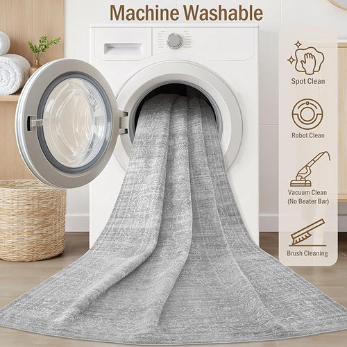 10x12 Area Rug Living Room: Washable Large Vintage Grey Rug Neutral Non-Slip Soft Stain Resistant Indoor Carpet for Bedroom Nursery Dining Room Under Table Bed Home House Office Playroom