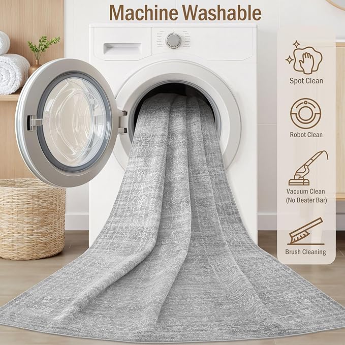 Area Rugs 9x12 Living Room: Washable Large Vintage Grey Rug Neutral Non-Slip Soft Stain Resistant Indoor Carpet for Bedroom Nursery Dining Room Under Table Bed Home House Office Playroom
