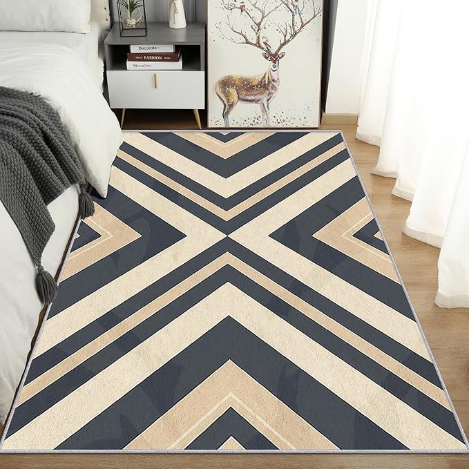 Modern Geometric Rug, Washable 6x9 Rug for Living Room, Herringbone Chevron Patterned Indoor Carpet, Modern Geometric Decor for Home, Bedroom, Soft Non Slip Thin Design FER81