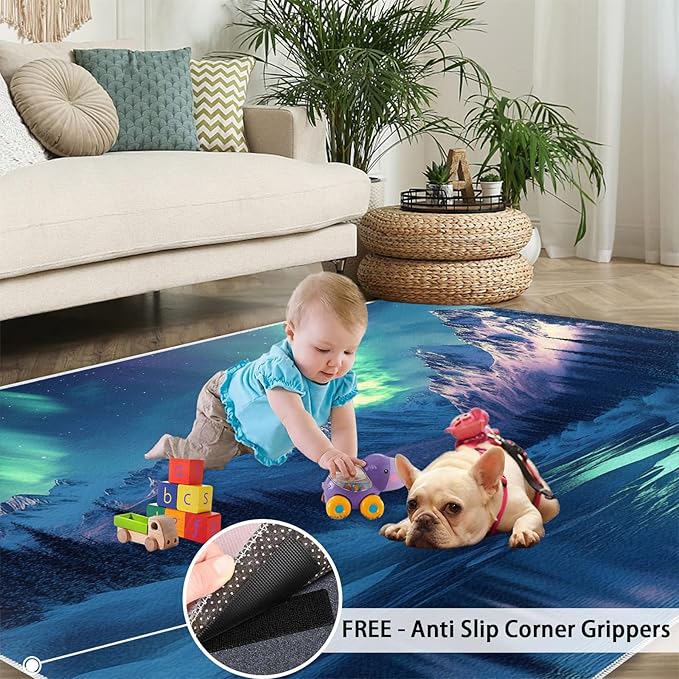 3x6 Snowy Mountains Bedroom Rug Under Bed - Aurora Borealis Kids Room Rugs, Polar Landscape Bedroom Runner Rug Soft Washable for Living Room Kitchen