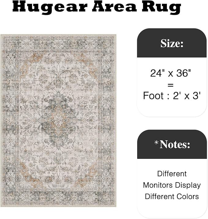 HUGEAR 2x3 Entryway Area Rug Retro Taupe Green Small Rug Machine Washable Door Mat Vintage Floral Low Pile Carpet Distressed Throw Rug Entrance Kitchen Bathroom Office Non Slip Soft Lightweight