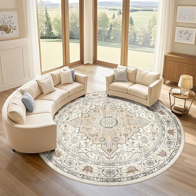 Round Rug Living Room Rugs: 10x10 Washable Boho Neutral Large Circle Soft Indoor Floral Stain Resistant Floor Farmhouse Carpet for Bedroom Nursery Kids Playroom Office Dining Room- Cream Blue