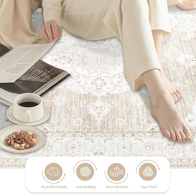 Area Rug 2x3 Entryway Rugs - Machine Washable Vintage Boho Area Rug Non-Slip Kitchen Rugs Soft Stain Resistant Indoor Door Mat, Small Oriental Throw Rug for Entrance Hallway Bedroom(Boho Beige, 2'x3')