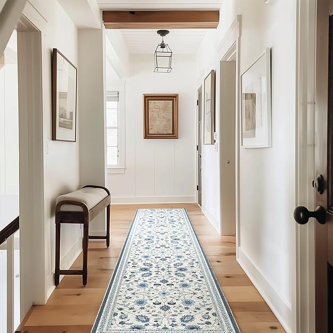 EVERGRACE Hallyway Area Runner Rugs 2x10, Boho Floral Faux Wool Indoor Outdoor Rugs, Washable Rugs for Bedroom Dining Room Living Room Kitchen, Low Pile Floor Mat Carpet for Home Decor, Porcelain Blue