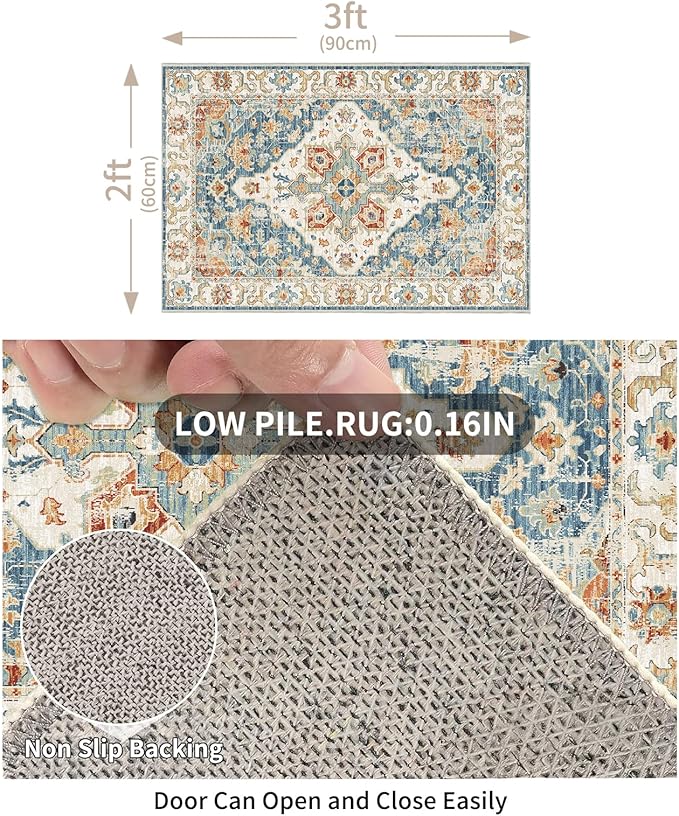 Enkor Area Soft Rugs 2x3 Washable Non Slip Boho Small Floor Entryway Rugs for Hallway, Vintage Style Farmhouse Mat for Kitchen Orange & Blue
