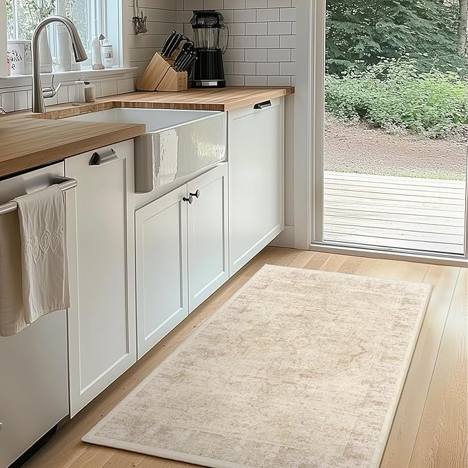Natural Beige Distressed 3x5 Area Rugs for Entryway Foyer, Washable Non Slip Low Pile Throw Rugs for Kitchen, Farmhouse Medallion Pinted Carpet for Bedroom/Bathroom/Closet/Dorm/Home Office
