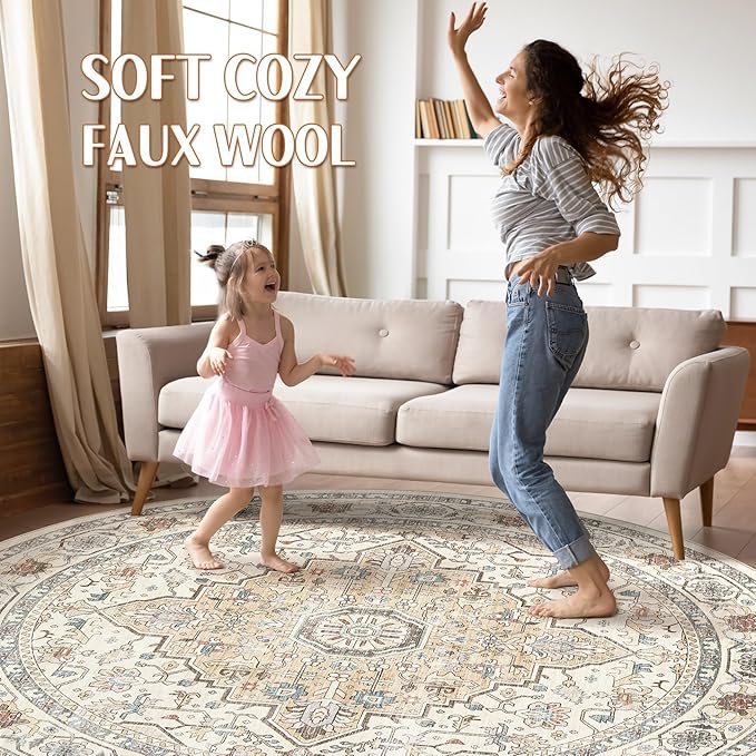 Round Rug Living Room Rugs: 10x10 Washable Boho Neutral Large Circle Soft Indoor Floral Stain Resistant Floor Farmhouse Carpet for Bedroom Nursery Kids Playroom Office Dining Room- Cream Blue