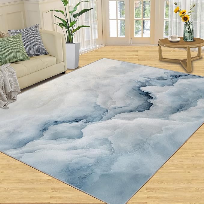 Modern Simple Art Rugs for Bedroom - 4x5 Area Rug - 3D Cloud Marble Rugs for Living Room, Abstract Mist Marble Rug, Washable Home Decor Carpet