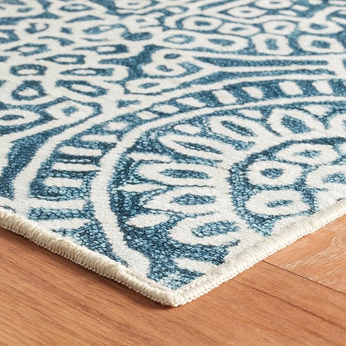 Dash & Albert Temple Ink Machine Washable Rug, 7.5 X 9.5 Feet, Blue Geometric Pattern