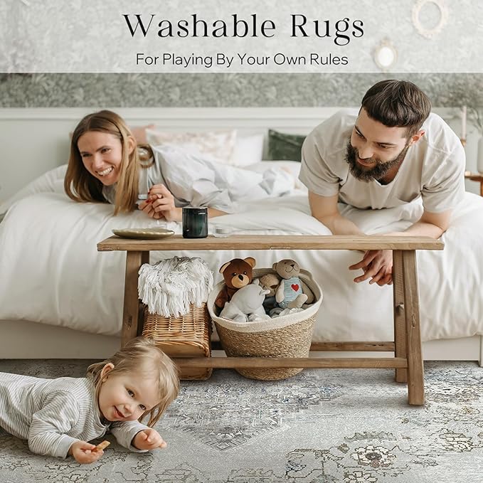Phantoscope Washable Runner Rug 2'x10' Non-Slip, Vintage Neutral Hallway Rugs for Entryway, Stair, Bedroom, Distressed Boho Medallion Pattern, Low-Pile Foldable Floor Carpet, Silver Grey/Taupe