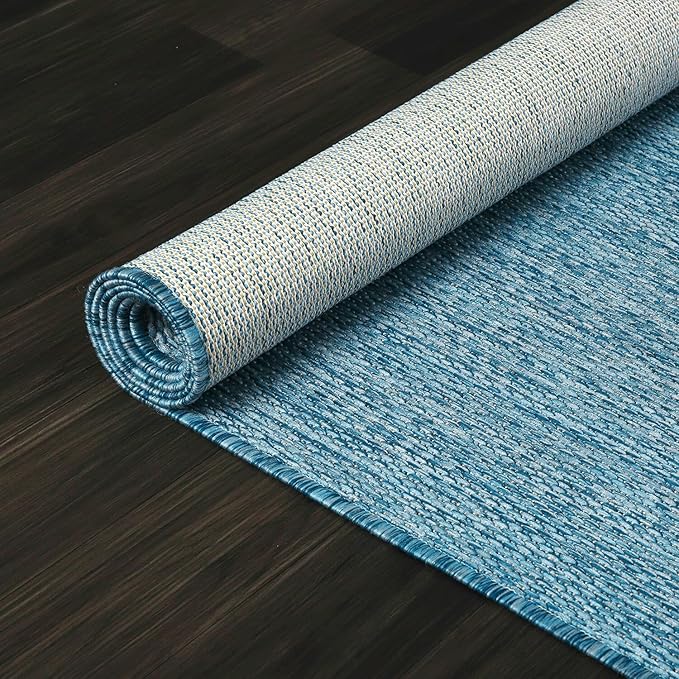 Beverly Rug Indoor Outdoor Rug 5x7, Washable Outside Carpet for Patio, Deck, Porch, Solid Modern Area Rug, Water Resistant, Aqua Blue