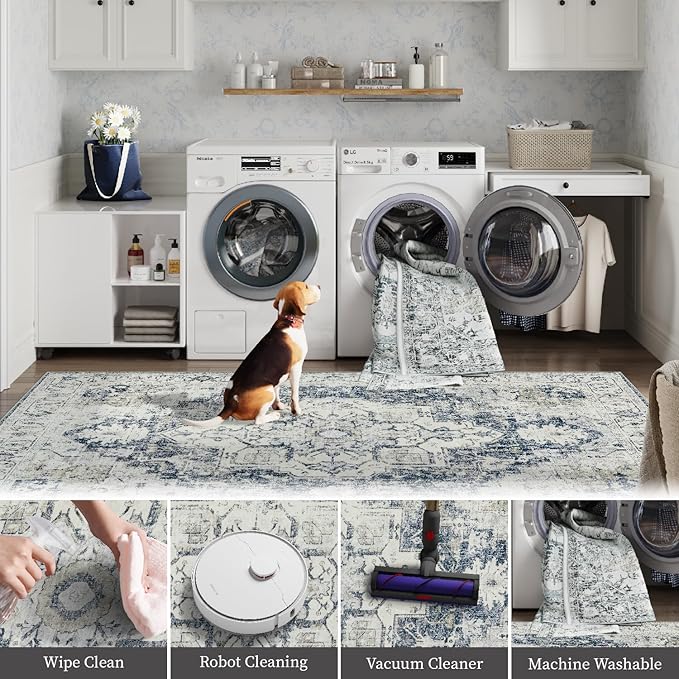 jinchan Kelda Runner Rug 3x10 Washable Rug Soft Hallway Runner Indoor Vintage Print Floor Cover Retro Distressed Lightweight Non-Slip Thin Carpet for Bathroom Kitchen Living Room Bedroom Grey