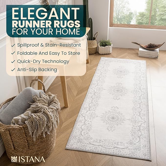 Istana Hallway Runner Rug 2.5x8 – Grey/White Cream Entryway Rug -Silk's Soft Touch Runners for Hallways - Stylish Kitchen Runner Rug Non Slip