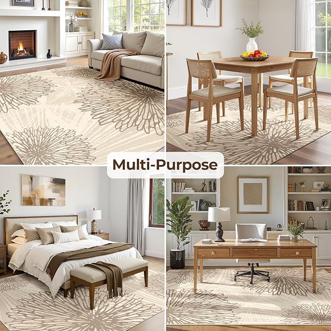 WITSHOCK 9x12 Area Rugs for Living Room: Beige Floral Washable Rugs for Bedroom Dining Room Office Nursery Modern Non-Slip Stain Resistant Low Pile Home Decor（Beige/Brown,9'x12'）